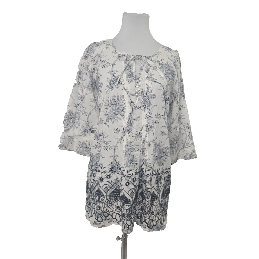 Thomas & Olivia M White/Black Cotton Tunic Top 3/4 Kimono Sleeve Embroidered